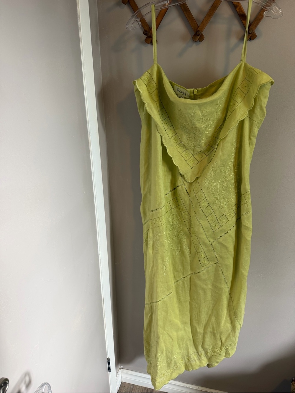 J Song Collection 100% Linen Embroidered Asymmetrical Dress Lime Green 20